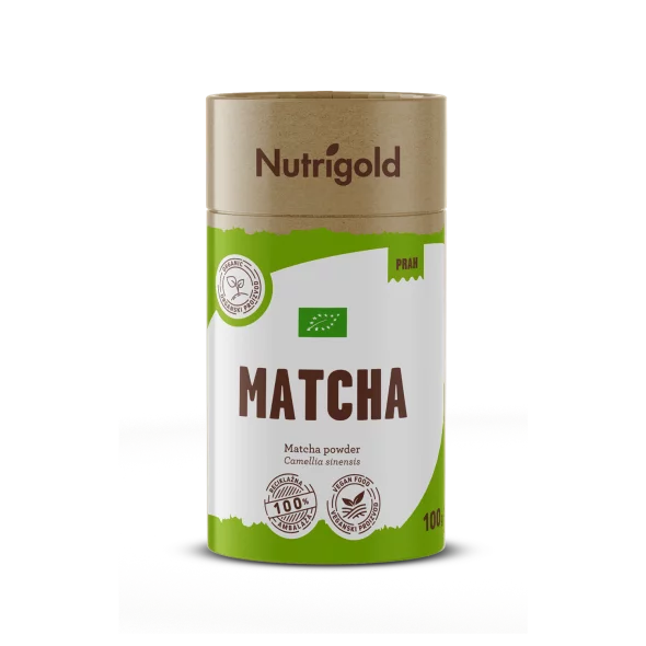 Nutrigold matcha prah iz certificirane ekološke pridelave v 100 gramski rjavi embalaži.