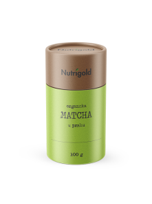 Nutrigold matcha prah iz certificirane ekološke pridelave v 100 gramski rjavi embalaži.