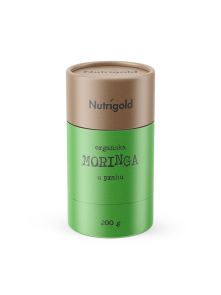 Nutrigold ekološka moringa v prahu v rjavi valjkasti embalaži, 200g.