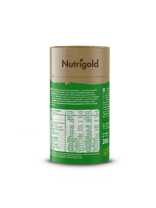 Nutrigold ekološka moringa v prahu v rjavi valjkasti embalaži, 200g.