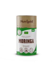 Nutrigold ekološka moringa v prahu v rjavi valjkasti embalaži, 200g.