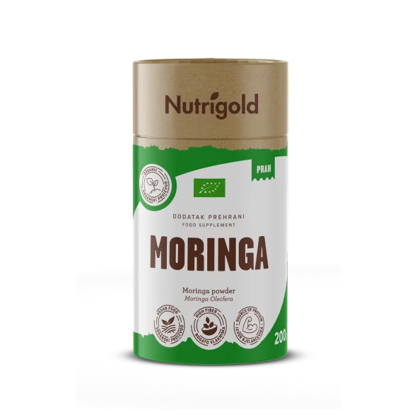 Nutrigold ekološka moringa v prahu v rjavi valjkasti embalaži, 200g.