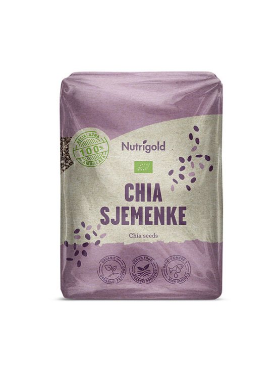 Ekološka Nutrigold chia semena v prozorni 500 gramski embalaži.