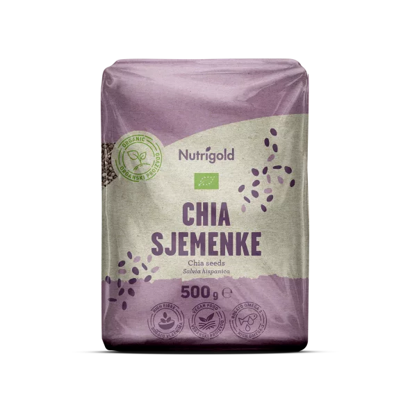 Nutrigold ekološka chia semena v prozorni 500 gramski embalaži.