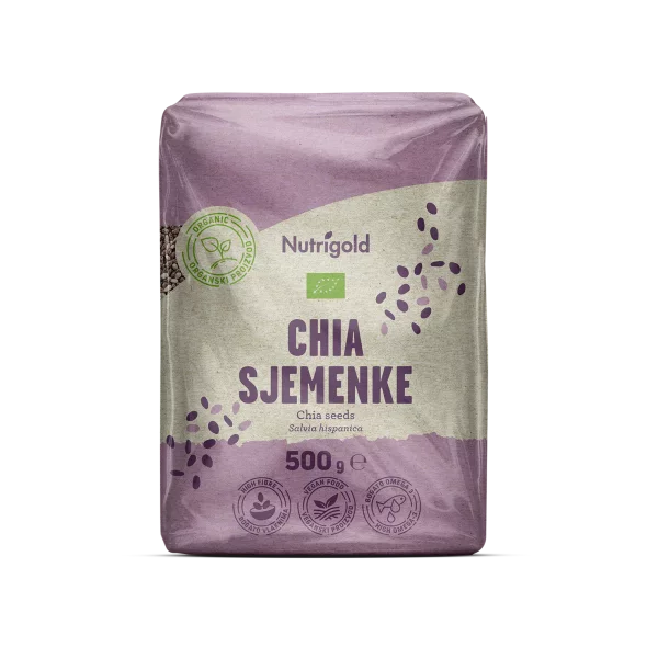 Nutrigold ekološka chia semena v prozorni 500 gramski embalaži.