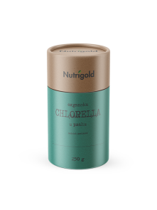 Nutrigold ekološki Chlorella prah v 250 gramski rjavi embalaži.