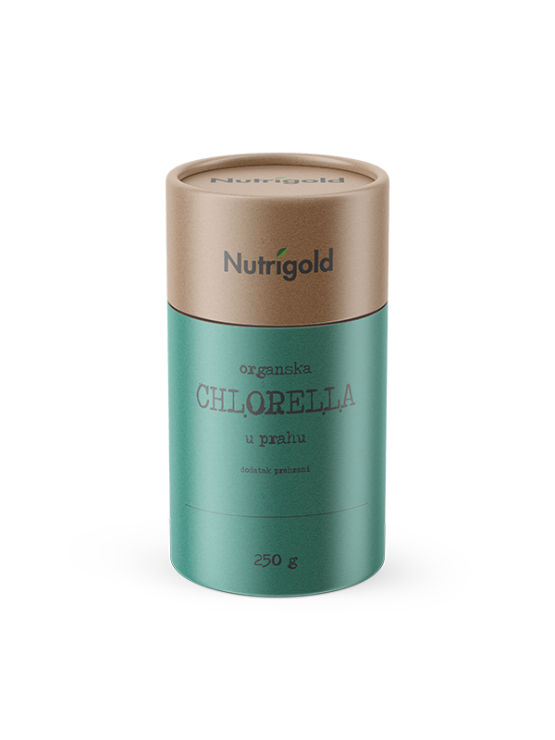Nutrigold ekološki Chlorella prah v 250 gramski rjavi embalaži.