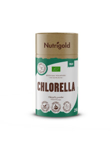 Nutrigold ekološki Chlorella prah v 250 gramski rjavi embalaži.