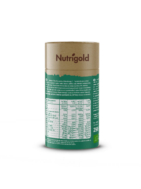 Nutrigold ekološki Chlorella prah v 250 gramski rjavi embalaži.