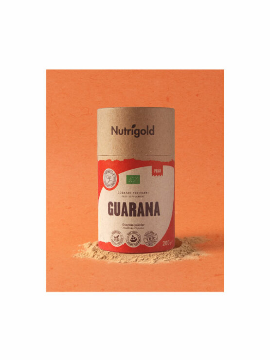 Nutrigold ekološki guarana prah v 200 gramski rjavi embalaži.