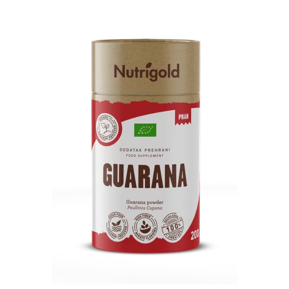 Nutrigold ekološka guarana v prahu v 200 gramski rjavi embalaži.