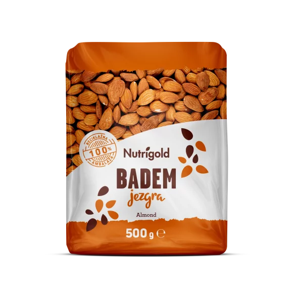 Nutrigold mandljeva jedrca v 500 g prozorni plastični embalaži.
