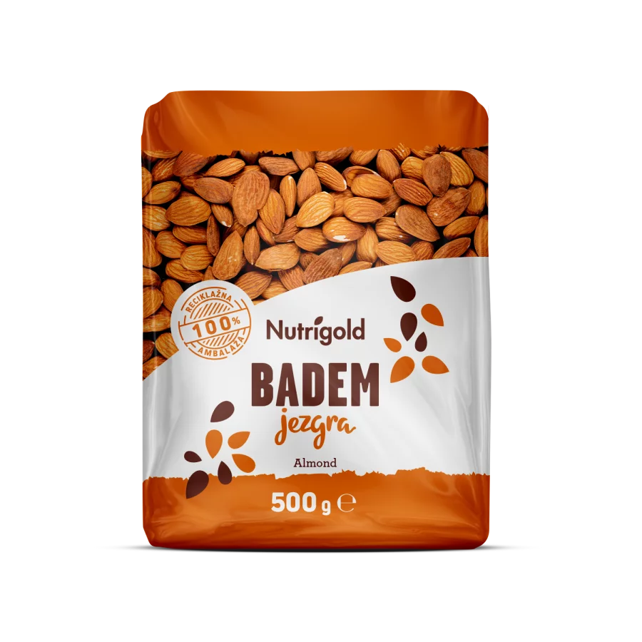 Nutrigold mandljeva jedrca v 500 g prozorni plastični embalaži.