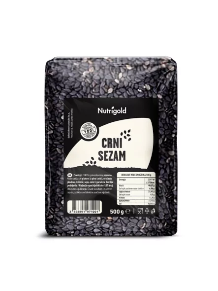 Nutrigold črni sezam v prozorni plastični embalaži, 50g.