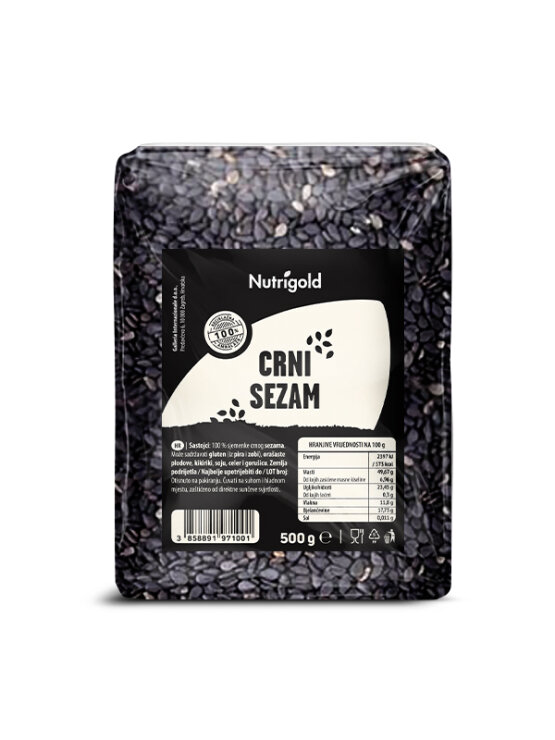 Nutrigold črni sezam v prozorni plastični embalaži, 50g.