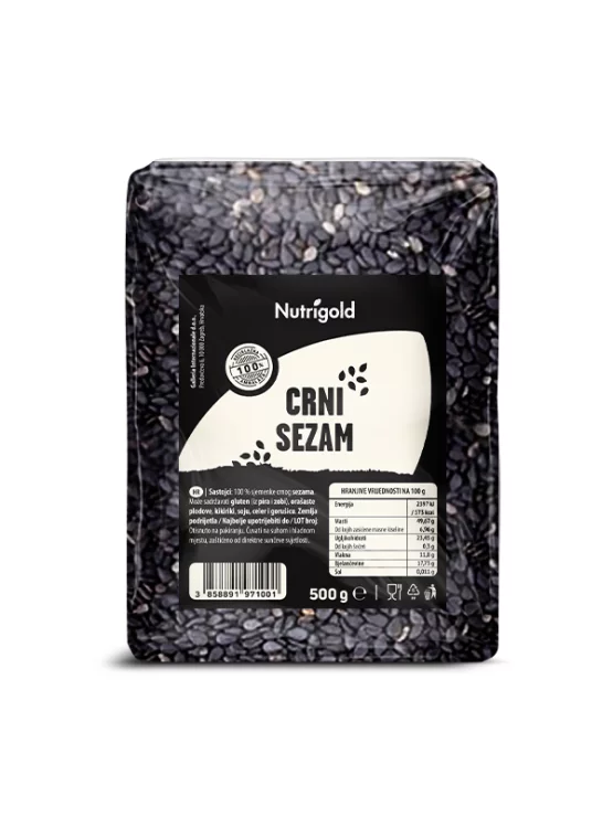 Nutrigold črni sezam v prozorni plastični embalaži, 50g.