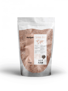 Nutrigold Črna sol Kala Namak v 500 gramski prozorni plastični embalaži.