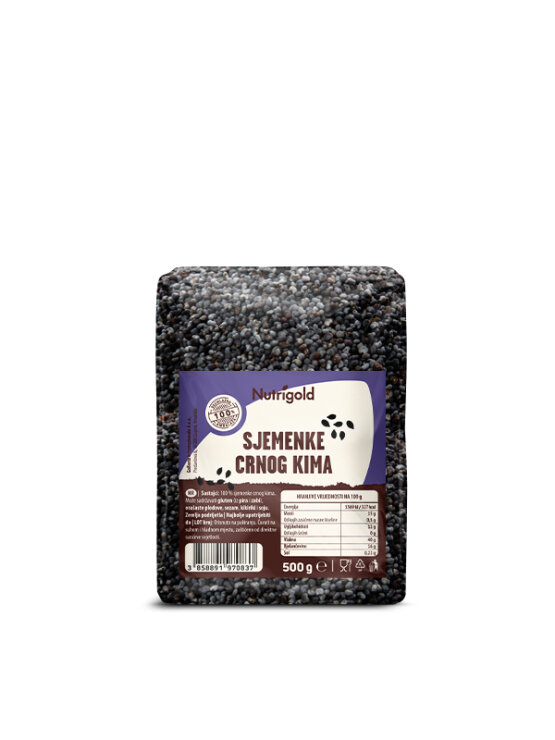 Nutrigold semena črna kumine v 500 gramski prozorni plastični embalaži.