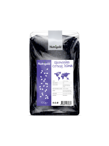 Nutrigold semena črna kumine v 500 gramski prozorni plastični embalaži.