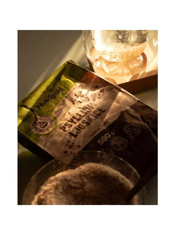 Nutrigold psyllium kosmiči v rjavi papirrnati embalaži, 500g.