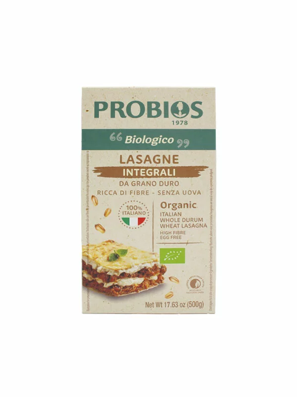 Probios ekološke testenine za lazanje iz polnozrnate durum pšenice v kartonski embalaži, 500g.