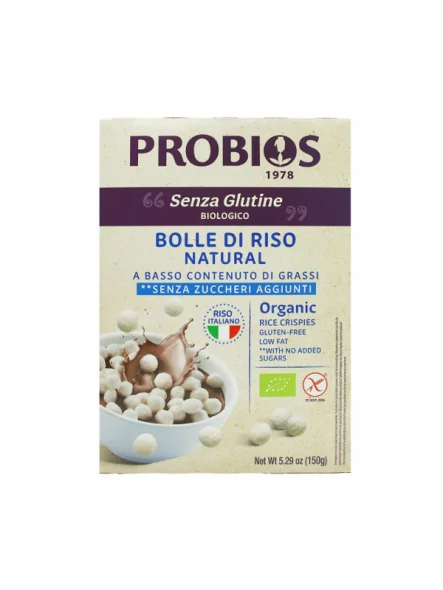 Probios ekološke riževe kroglice brez glutena v kartonski embalaži, 150g.