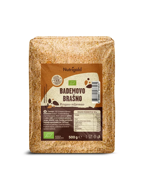 Nutrigold ekološka grobo mleta mandljeva moka v 500 gramski prozorni embalaži.
