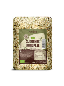 Nutrigold ekološka oluščena konopljina semena v prozorni plastični embalaži, 500g.