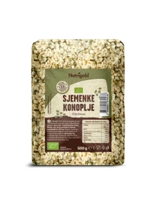 Nutrigold ekološka oluščena konopljina semena v prozorni plastični embalaži, 500g.