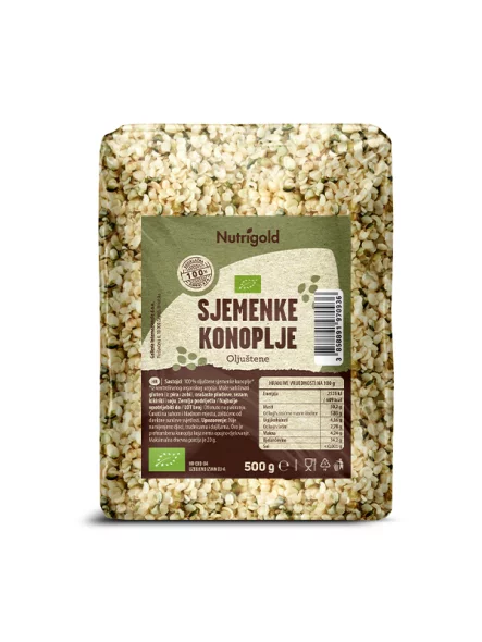 Nutrigold ekološka oluščena konopljina semena v prozorni plastični embalaži, 500g.