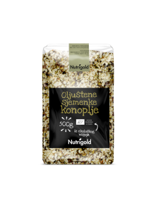 Nutrigold ekološka oluščena konopljina semena v prozorni plastični embalaži, 500g.