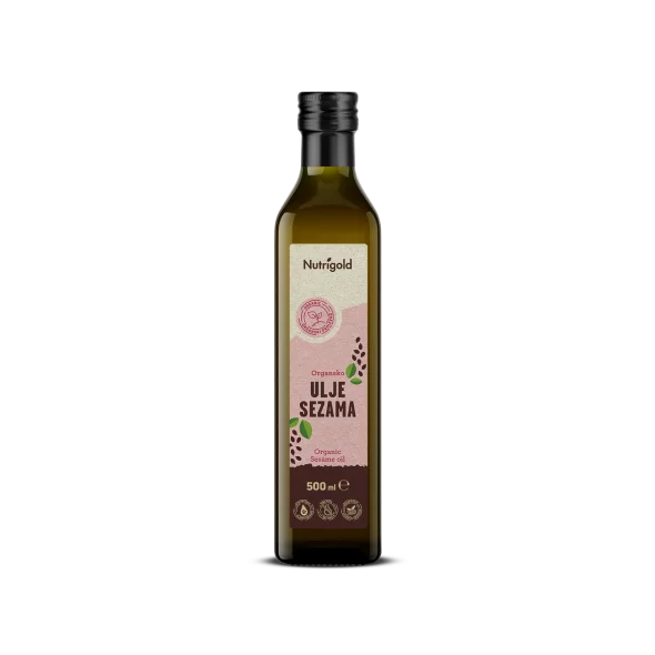 Nutrigold ekološko hladno stiskano sezamovo olje v steklenici, 500 ml.
