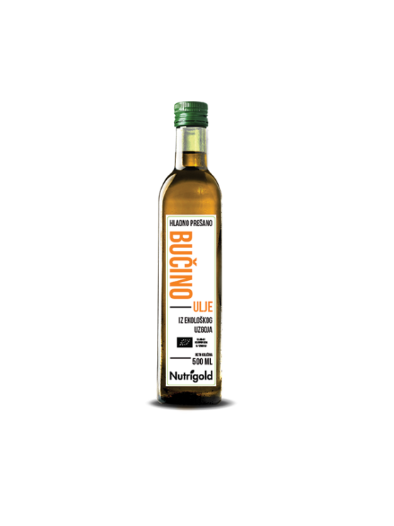 Nutrigold hladno stisnjeno bučno olje v 500 mililiterski temni stekleni embalaži.