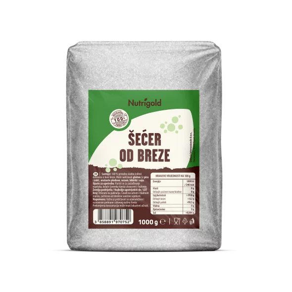 Nutrigold ekološki brezov sladkor v prozorni plastični embalaži, 1000g.