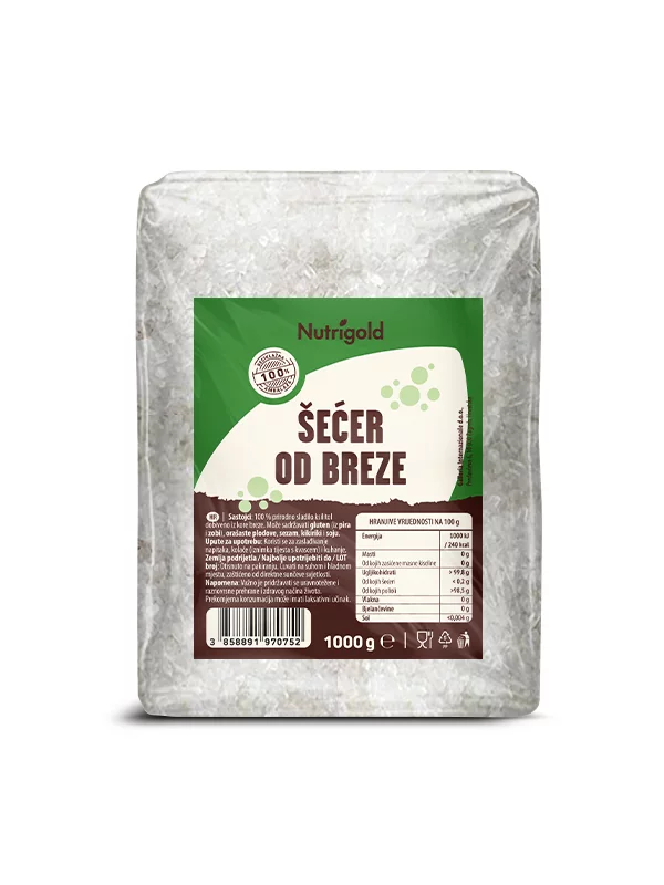Nutrigold ekološki brezov sladkor v prozorni plastični embalaži, 1000g.