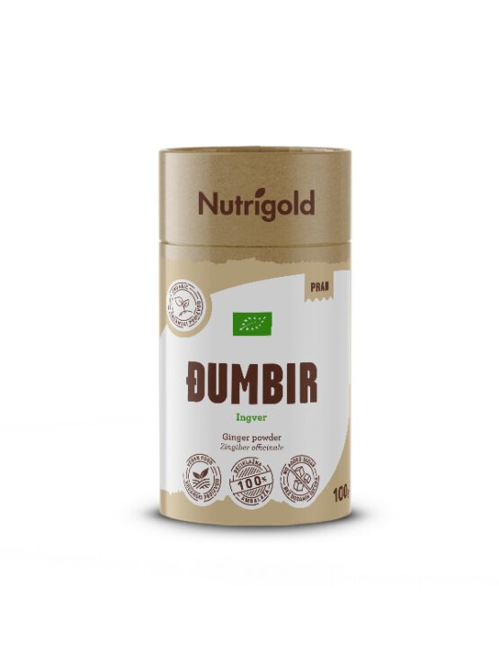 Nutrigold ekološki ingver v prahu v rjavi valjkasti embalaži, 100g.