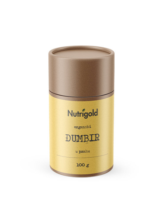 Nutrigold ekološki ingver v prahu v rjavi valjkasti embalaži, 100g.