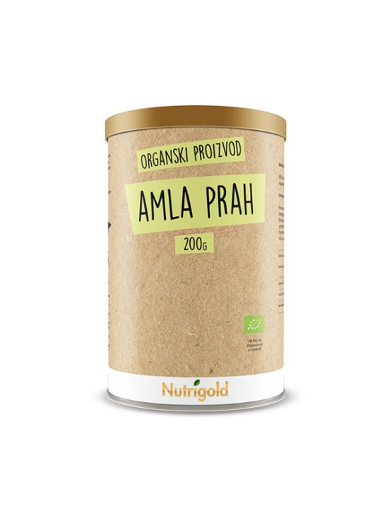 Nutrigold ekološka amla (amalaki) v prahu v valjkasti rjavi kartonski embalaži, 200g.