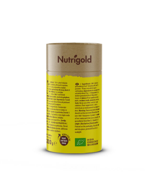 Nutrigold ekološka amla (amalaki) v prahu v valjkasti rjavi kartonski embalaži, 200g.