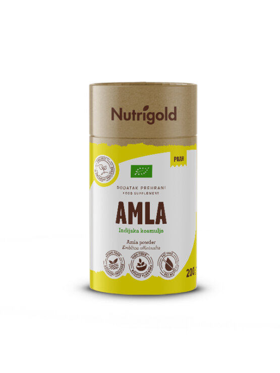 Nutrigold ekološka amla (amalaki) v prahu v valjkasti rjavi kartonski embalaži, 200g.