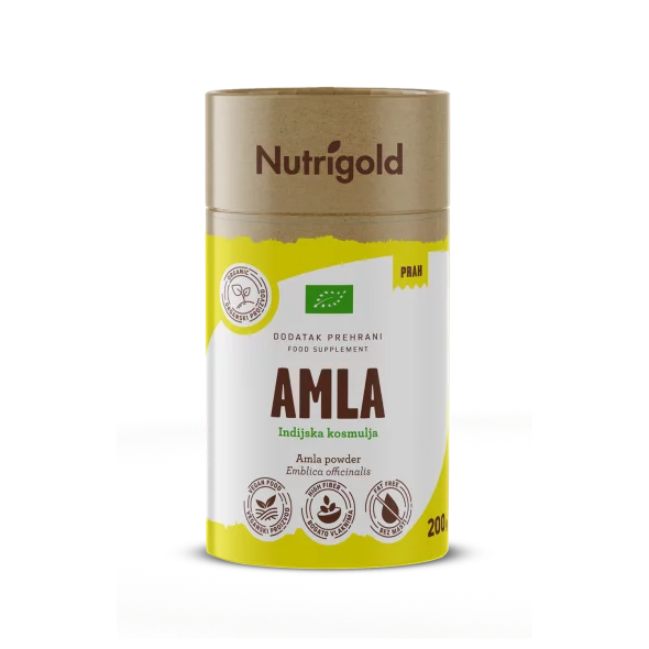 Nutrigold ekološka amla (amalaki) v prahu v valjkasti rjavi kartonski embalaži, 200 g.