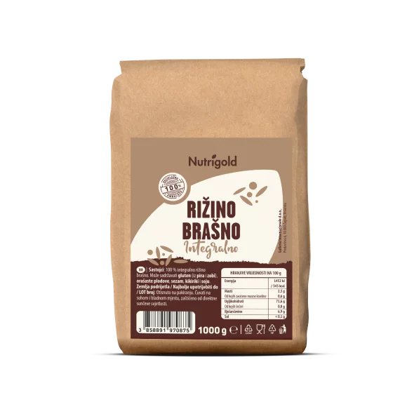 Nutrigold polnozrnata riževa moka v rjavi papirnati embalaži, 1kg.