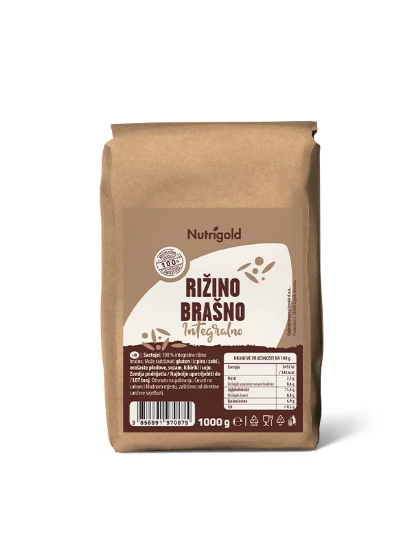 Nutrigold polnozrnata riževa moka v rjavi papirnati embalaži, 1kg.