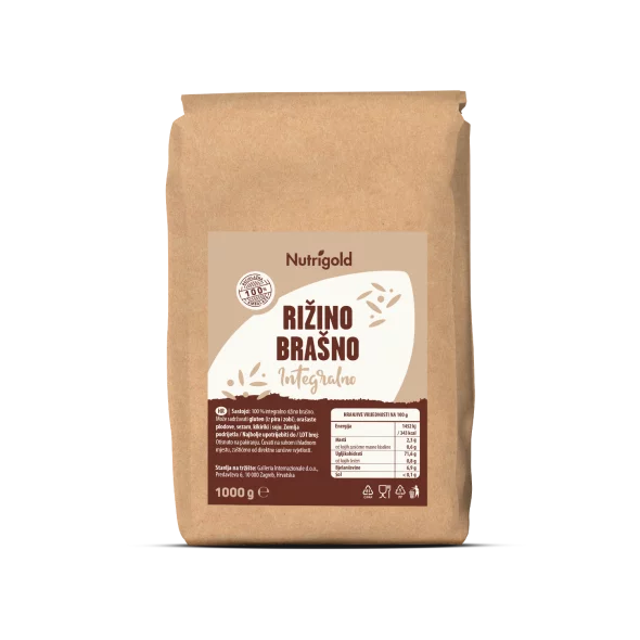 Nutrigold polnozrnata riževa moka v rjavi papirnati embalaži, 1 kg.
