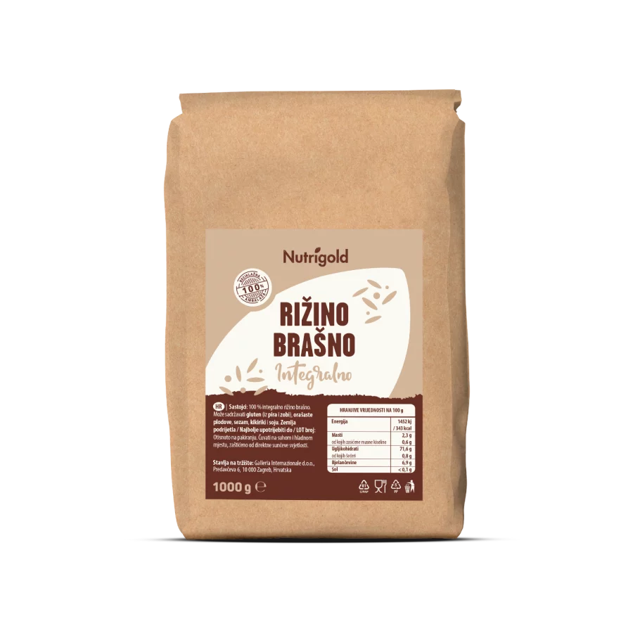 Nutrigold polnozrnata riževa moka v rjavi papirnati embalaži, 1 kg.