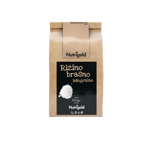 Nutrigold polnozrnata riževa moka v rjavi papirnati embalaži, 1kg.