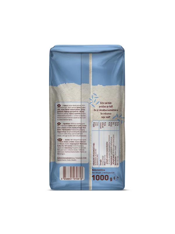 Nutrigold rižev zdrob v prozorni plastični embalaži.