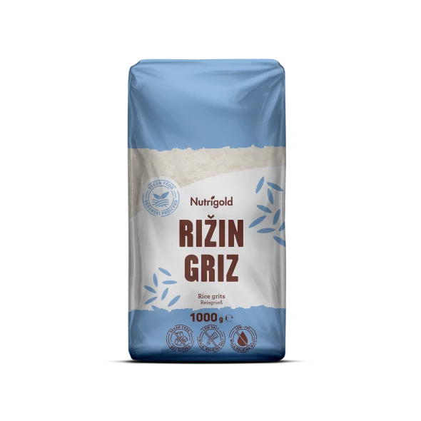 Nutrigold rižev zdrob v 1000-gramski prozorni plastični embalaži.