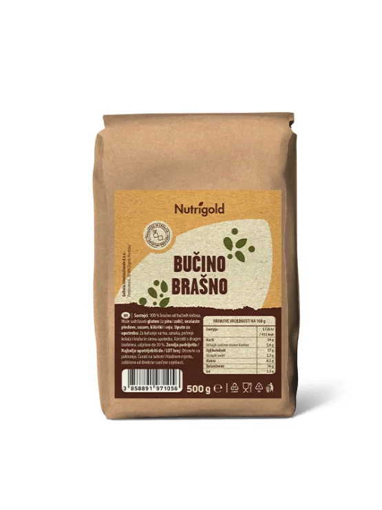 Nutrigold moka iz bučnih semen v rjavi 500 gramski embalaži.