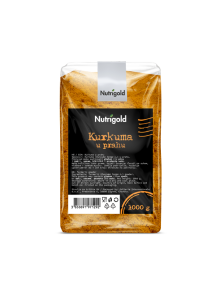 Nutrigold kurkuma v prahu v prozorni plastični embalaži.